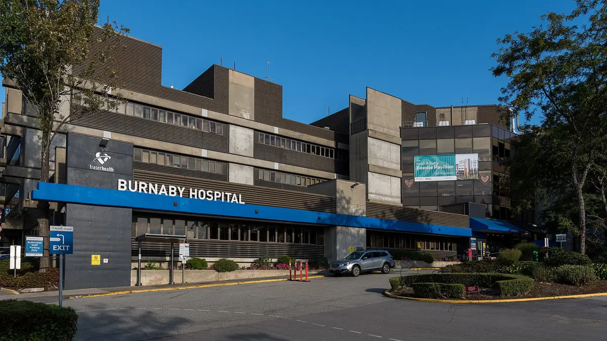 The signed main entrance canopy of Burnaby Hospital in Burnaby, British Columbia
