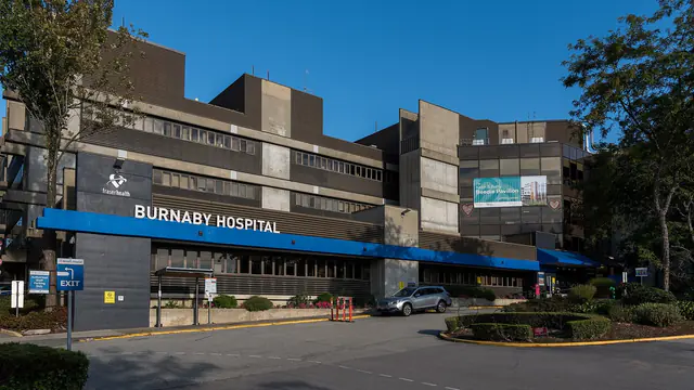 The signed main entrance canopy of Burnaby Hospital in Burnaby, British Columbia