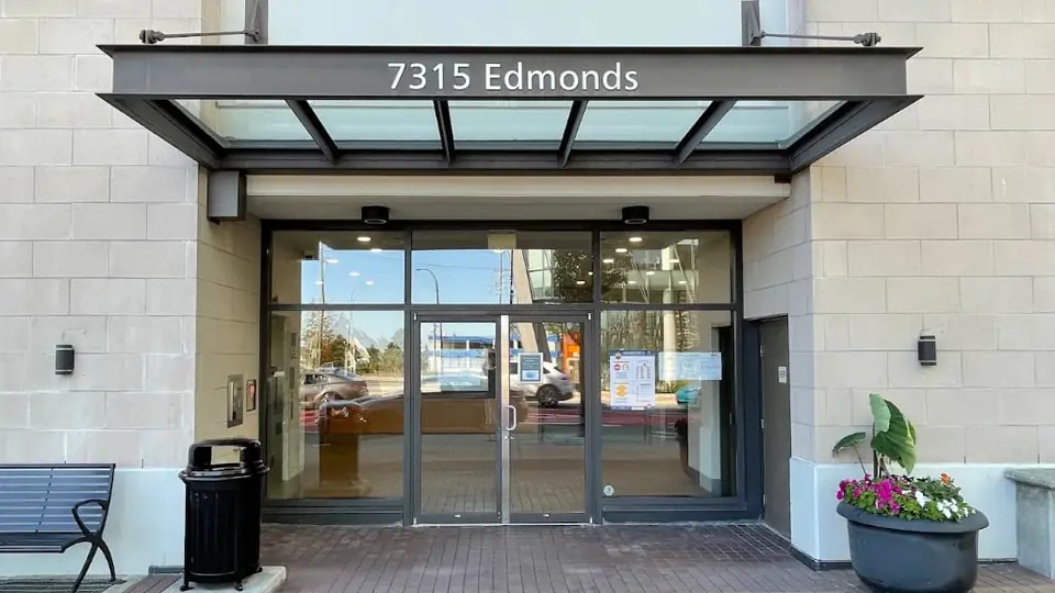 The entrance of Edmonds UPCC in Burnaby, British Columbia, with 7315 Edmonds on the canopy