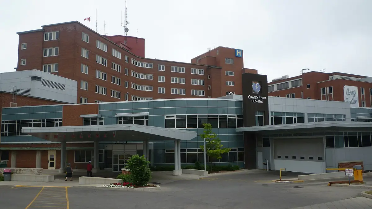 Grand River Hospital, now WRHN @ Midtown, and its entrance canopy on King Street West in Kitchener, Ontario
