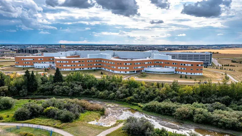 An aerial view of Grande Prairie Regional Hospital in Grande Prairie, Alberta