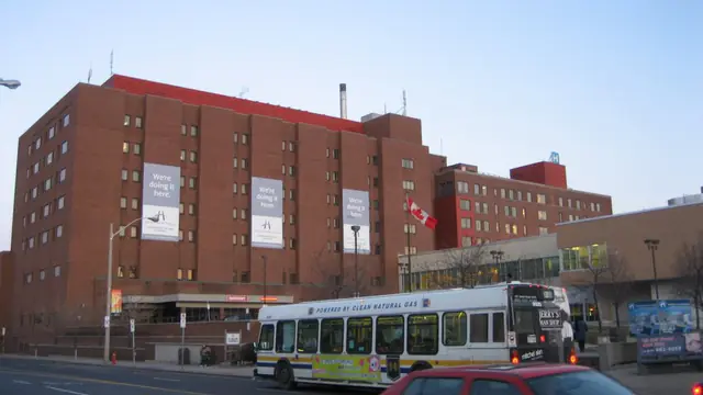 The brick towers of Hamilton General Hospital on Barton Street East in Hamilton, Ontario