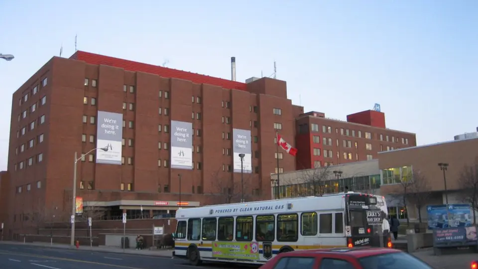 The brick towers of Hamilton General Hospital on Barton Street East in Hamilton, Ontario