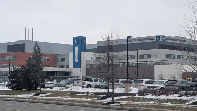 Front of Marotta Family Hospital in St. Catharines, Ontario, with the hospital name on the building and a blue H sign