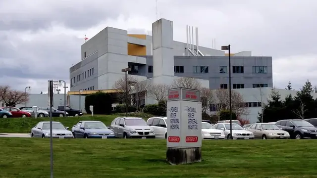 The Powell River General Hospital sign in front of qathet General Hospital in Powell River, British Columbia