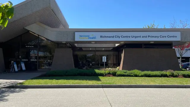 The canopy sign and entrance of Richmond City Centre Urgent and Primary Care Centre in Richmond, British Columbia
