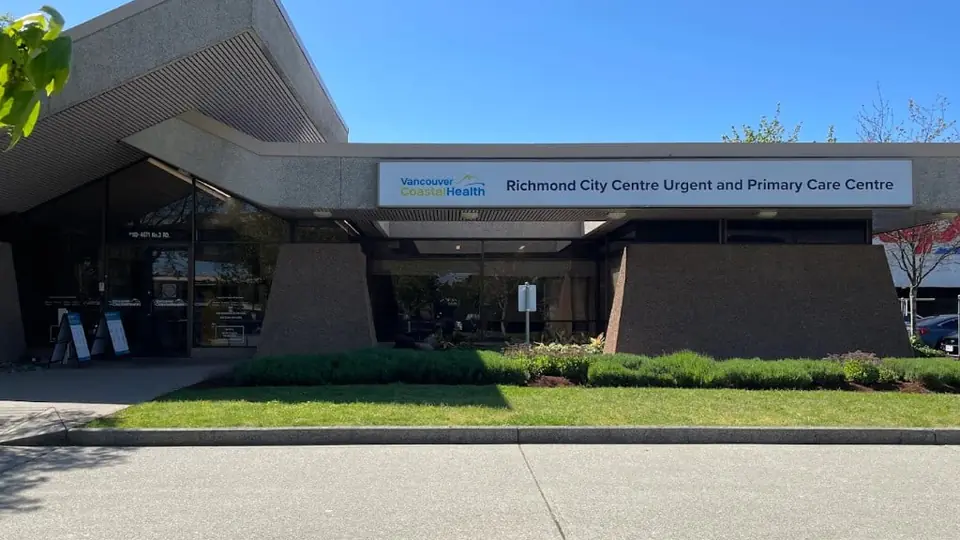 The canopy sign and entrance of Richmond City Centre Urgent and Primary Care Centre in Richmond, British Columbia