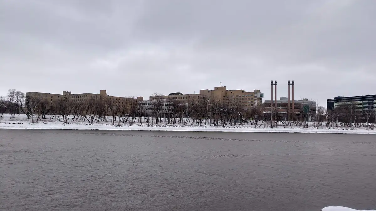 St. Boniface Hospital seen across the Red River in Winnipeg, Manitoba