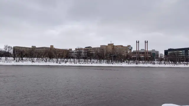 St. Boniface Hospital seen across the Red River in Winnipeg, Manitoba