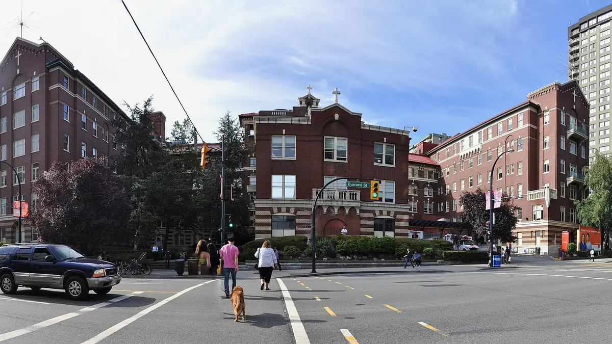 The historic brick buildings of St. Paul's Hospital on Burrard Street in downtown Vancouver