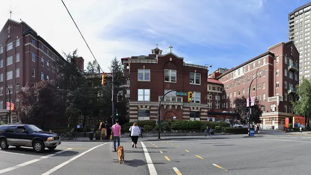The historic brick buildings of St. Paul's Hospital on Burrard Street in downtown Vancouver