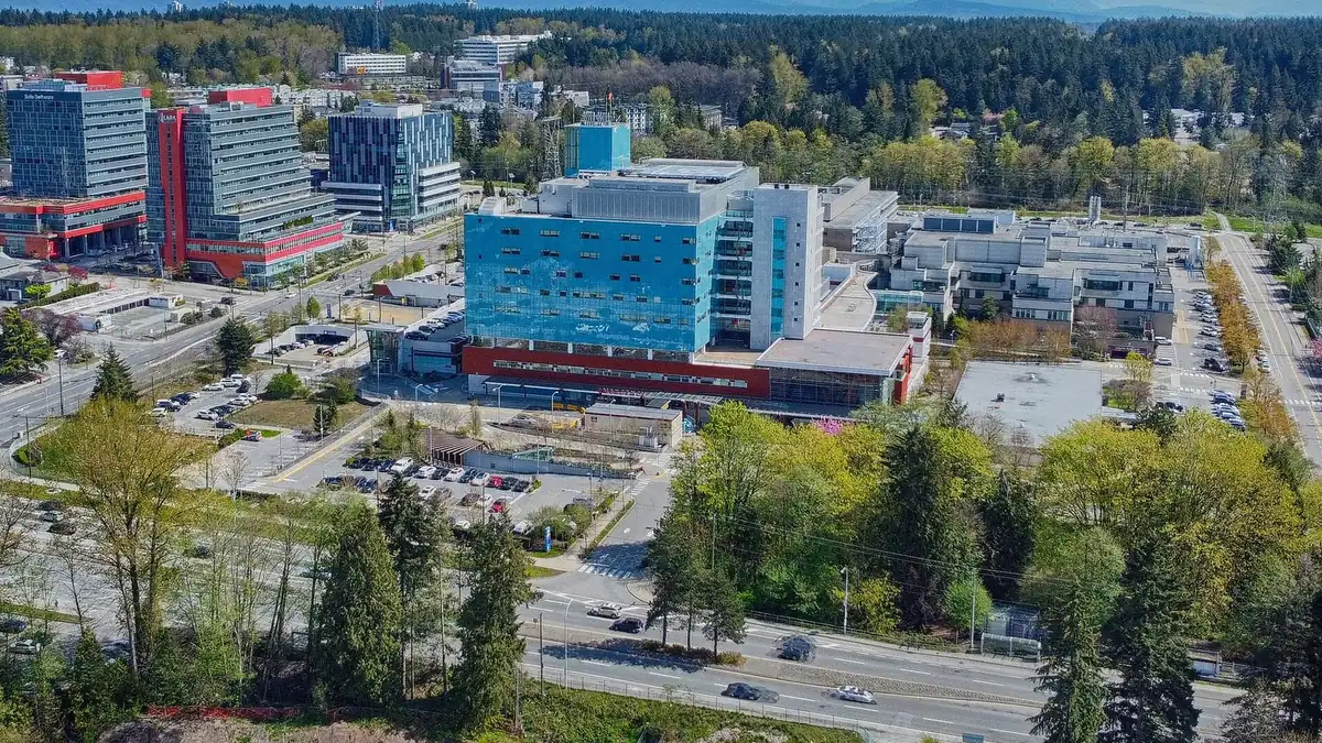 Aerial view of Surrey Memorial Hospital and its Critical Care Tower in Surrey, British Columbia