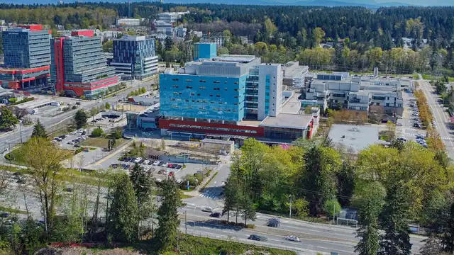 Aerial view of Surrey Memorial Hospital and its Critical Care Tower in Surrey, British Columbia