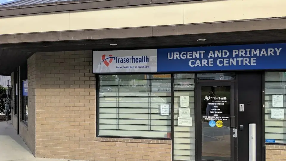 The entrance of Surrey Newton UPCC in Surrey, British Columbia, with the Fraser Health urgent and primary care sign