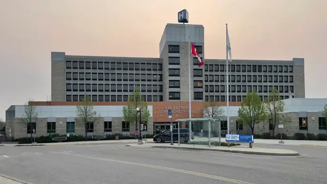 The front of Victoria General Hospital in Winnipeg, Manitoba, with its name above the entrance