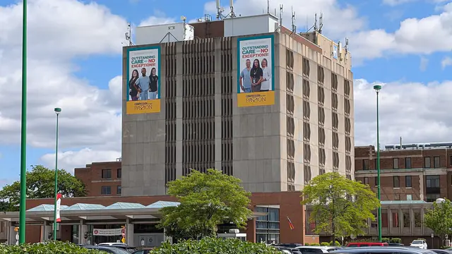 The tower and main entrance canopy of Windsor Regional Hospital's Metropolitan Campus in Windsor, Ontario, in 2025